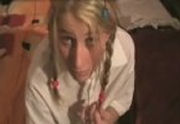 Pigtailed teen fucks and swallows his cum